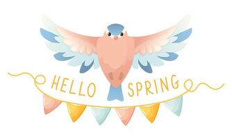 printemps oiseau dans vol, texte Bonjour printemps, décoré avec drapeaux. vecteur