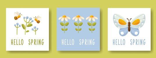 ensemble de printemps cartes, texte Bonjour printemps, papillon, fleurs, abeille. vecteur