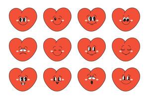 ensemble de cœurs de marrant dessin animé personnages avec différent émotions. dessin animé cœur mascottes. à la mode émoticônes dans rétro style. vecteur