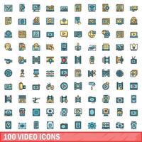 100 vidéo Icônes ensemble, Couleur ligne style vecteur