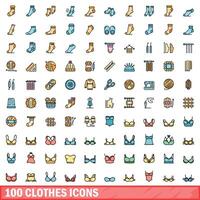 100 vêtements Icônes ensemble, Couleur ligne style vecteur