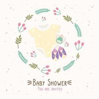 carte de lettrage de douche de bébé avec des vêtements et des chaussures vecteur