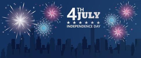 quatrième juillet célébration de la fête de l'indépendance des états-unis avec feux d'artifice et paysage urbain vecteur