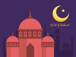 carte de célébration eid mubarak avec mosquée et lune vecteur