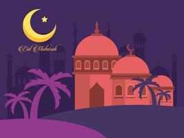 carte de célébration eid mubarak avec mosquée et lune vecteur