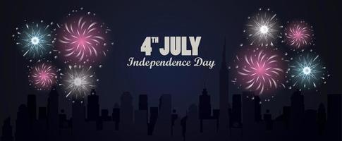 quatrième juillet célébration de la fête de l'indépendance des états-unis avec feux d'artifice et paysage urbain vecteur