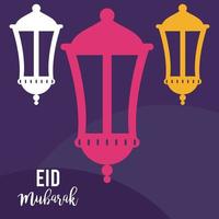 carte de célébration eid mubarak avec des lanternes suspendues vecteur