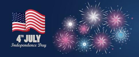 quatrième juillet célébration de la fête de l'indépendance des états-unis avec drapeau et feux d'artifice vecteur