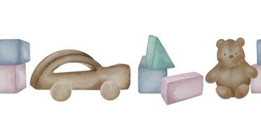 sans couture frontière avec bébé en bois jouets isolé sur blanc Contexte. main tiré voiture jouet et cubes. illustration de nounours ours dans pastel couleurs. éléments pour imprimer, décoration autocollant pour garçon pièce vecteur