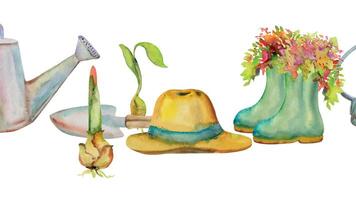 main tiré aquarelle illustration printemps jardinage caoutchouc bottes Soleil chapeau arrosage pouvez fleur lit ampoule pelle. sans couture bannière isolé sur blanc Contexte. conception imprimer, boutique, scrapbooking, emballage vecteur