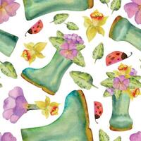 main tiré aquarelle illustration printemps jardinage, caoutchouc Wellington bottes avec fleurs et feuilles, coccinelle. sans couture modèle isolé blanc Contexte. conception imprimer, boutique, scrapbooking, emballage vecteur