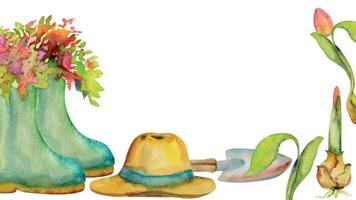 main tiré aquarelle illustration printemps jardinage outils, caoutchouc bottes avec fleurs, paille chapeau, ampoule germer. horizontal Cadre isolé sur blanc Contexte. conception imprimer, boutique, scrapbooking, emballage vecteur