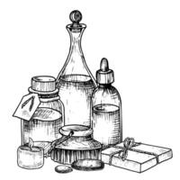 spa cosmétique avec ancien bouteilles, savon et brosse pour aromathérapie. main tiré aquarelle illustration de soin du corps des produits pour massage sur isolé blanc Contexte. dessin de peau se soucier articles de toilette vecteur