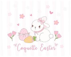 mignonne coquette Pâques lapin avec arc et carotte dessin animé, sucré rétro content Pâques printemps animal. vecteur