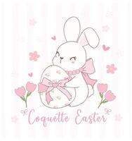mignonne coquette lapins avec arc et Pâques Oeuf dessin animé, sucré rétro content Pâques printemps animal. vecteur