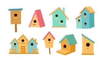 dessin animé en bois oiseau Maisons sur blanc Contexte. mignonne différent maisons d'oiseaux vecteur illustration