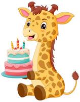 mignonne girafe dessin animé en portant anniversaire gâteau vecteur illustration. animal la nature icône concept isolé prime vecteur