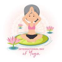 bannière de la journée internationale du yoga avec une vieille femme faisant des exercices de yoga vecteur