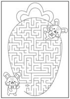 Pâques noir et blanc Labyrinthe pour enfants. printemps vacances préscolaire imprimable activité avec kawaii lapin en mangeant gros carotte. géométrique labyrinthe jeu, puzzle ou coloration page avec mignonne personnage vecteur