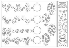 printemps noir et blanc correspondant à Jeu avec mignonne kawaii épanouissement des arbres. jardin math activité pour enfants. éducatif imprimable Pâques compte feuille de travail ou coloration page avec dessin animé fleurs vecteur