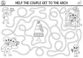 mariage noir et blanc Labyrinthe pour des gamins avec mariée, marié, gâteau. mariage la cérémonie préscolaire imprimable activité, coloration page. matrimonial labyrinthe jeu. Aidez-moi juste marié couple avoir à le cambre vecteur