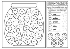 vecteur noir et blanc Pâques coloration et math puzzle avec pot et des œufs. logique imprimable compte activité pour enfants. mignonne printemps feuille de travail. original forme reconnaissance Jeu ou coloration page