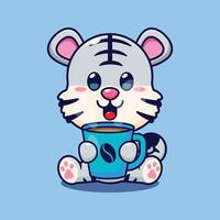 blanc tigre avec chaud café dessin animé vecteur illustration.