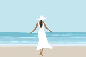 magnifique femme dans blanc robe sur le plage vecteur illustration. été vacances plage concept