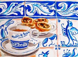 esquisser à le Portugal café pastel de nata desserts et café main tiré illustration dans carnet de croquis vecteur