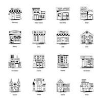ensemble de 16 bâtiments glyphe Icônes vecteur