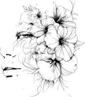 ai généré visage avec fleurs ligne dessin haute définition noir Couleur seulement vecteur