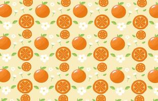 sans couture fruit modèle avec orange, fleurs, feuilles, Orange tranche. répéter Contexte avec été fruit sur Jaune. utilisation pour tissu, cadeau envelopper, emballage, emballage papier, bannières, nappes vecteur