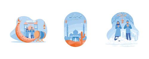 musulman gens féliciter eid Al fitr. musulman famille se félicite le mois de Ramadan et eid Al fitr. content eid mubarak concept. ensemble plat vecteur illustration .