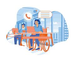 désactivée femme travail dans une appel centre bureau. conseiller clients dans une adapté aux personnes handicapées bureau. femme avec téléphone appel à client soutien un service concept. plat vecteur illustration.