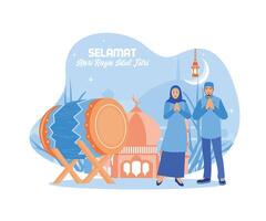 une Jeune homme et femme sont permanent suivant à le tambouriner. selamat hari raya idiot fitri sens content eid mubarak concept. plat vecteur moderne illustration