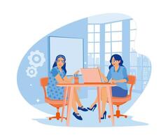 le femme d'affaires est travail à le ordinateur. une équipe de gens séance à une bureau avec ordinateurs portables. plat vecteur moderne illustration
