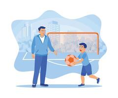 le père est en jouant Football avec le sien fils sur le champ. papa dépensé le fin de semaine en jouant avec le sien fils. enfants concept. plat vecteur illustration.