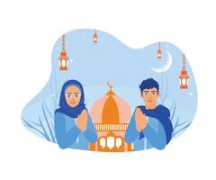 Jeune des couples pardonner chaque autre et souhait chaque autre une content aïd. content eid mubarak concept. plat vecteur moderne illustration