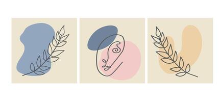 divers visages, feuilles et formes abstraites. illustrations vectorielles contemporaines sur fond de couleur. ligne, concept élégant minimaliste. parfait pour les médias sociaux, les cartes, les cartes postales. vecteur