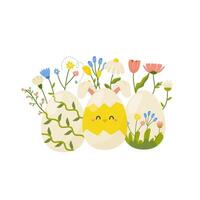 Pâques Oeuf avec fleurs, concept dans dessin animé style pour carte, imprimer, autocollant, carte postale. vecteur illustration sur blanc Contexte.
