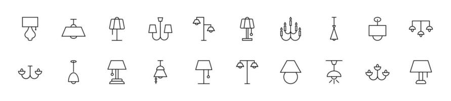 collection de mince ligne Icônes de les lampes et lustres. linéaire signe et modifiable accident vasculaire cérébral. adapté pour la toile des sites, livres, des articles vecteur