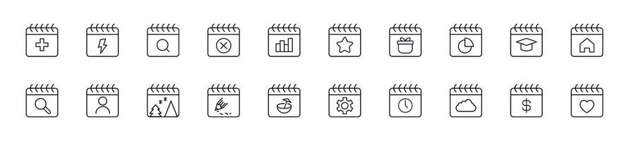 collection de mince ligne Icônes de divers articles par calendrier. linéaire signe et modifiable accident vasculaire cérébral. adapté pour la toile des sites, livres, des articles vecteur