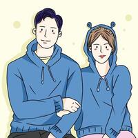 mignonne personnage vecteur illustration de une Jeune couple dans le même bleu sweat à capuche veste et mignonne