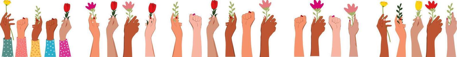 mains de femmes de différent nationalités en portant fleurs pour une content aux femmes journée vecteur