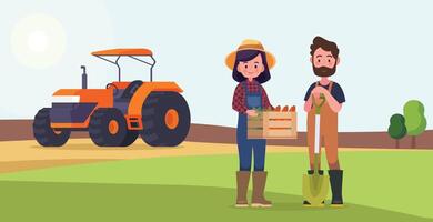 couple Les agriculteurs sur le Contexte de une champ et une tracteur. agricole travail. vecteur illustration dans dessin animé style