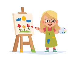 jolie petite fille artiste tenant une palette de couleurs et un pinceau peignant sur la toile vecteur