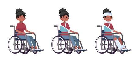 jeune femme dans un fauteuil roulant set vector cartoon illustration concept de blessure et de récupération d'invalidité après un accident