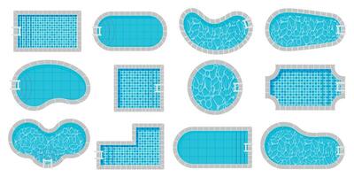 bassin Haut voir. nager piscines différent formes dessin animé style, luxe extérieur au bord de la piscine avec l'eau texture tuile, été vacances nager zone. vecteur isolé ensemble