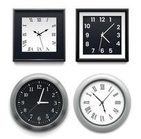 réaliste mur horloges. moderne rond et carré argent Bureau ou Accueil horloges. classique blanc et noir cadran avec mains vecteur