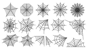 araignée la toile. Halloween araignée silhouettes ligne esquisser style, effrayant Facile emmêlé net Cadre et coin pour décoration. vecteur isolé ensemble